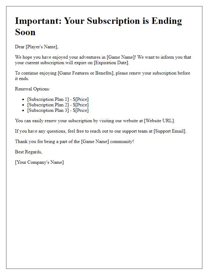 Letter template of subscription ending for online game.