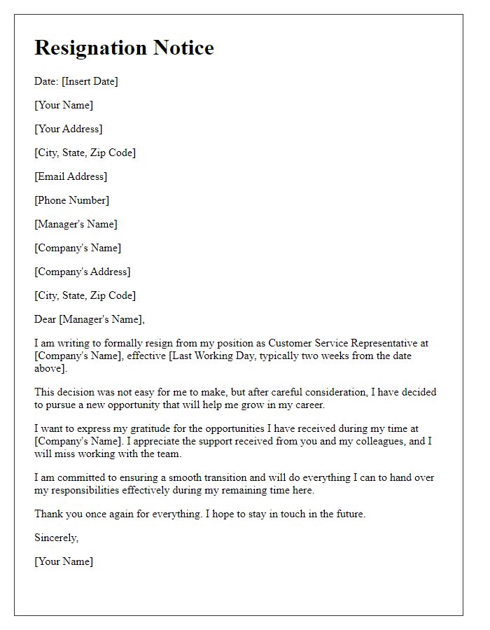 Letter template of customer service job resignation notice.