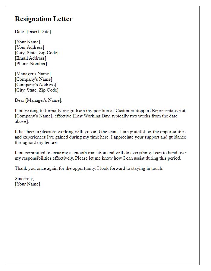 Letter template of leaving a customer support role.