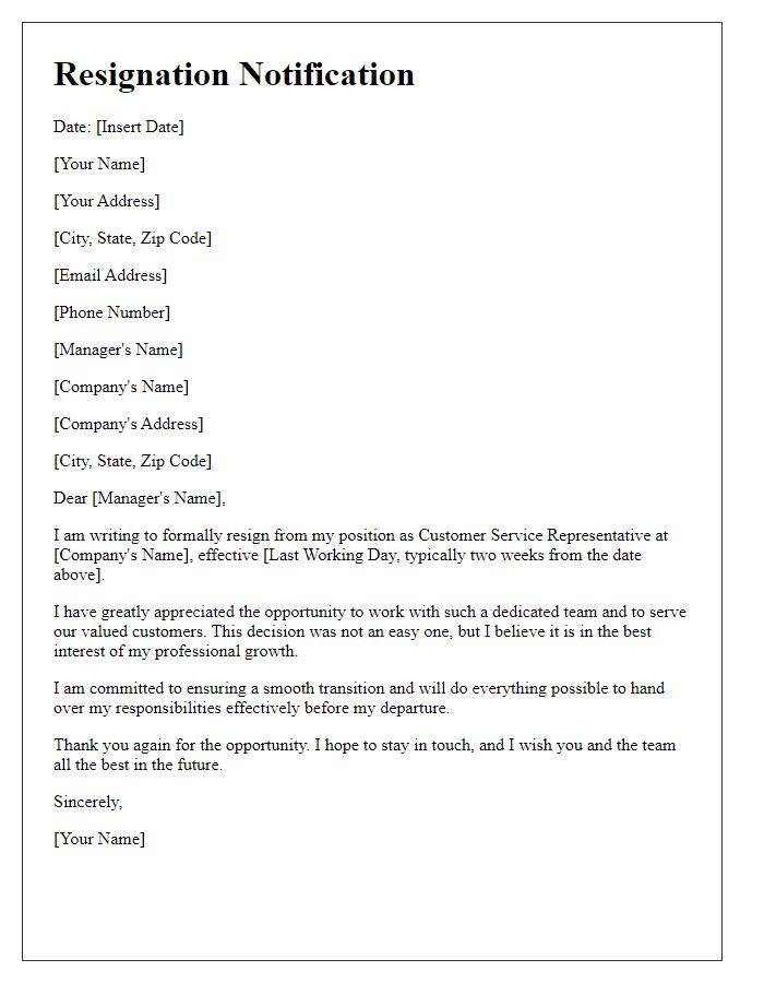 Letter template of notification of resignation from customer service.