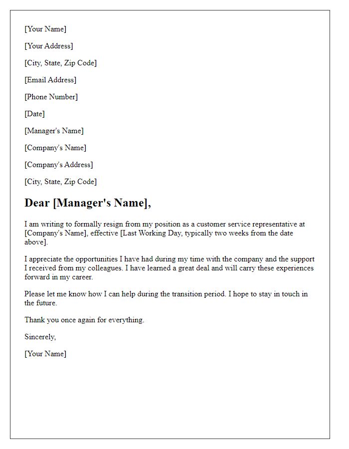 Letter template of quitting a customer service job.