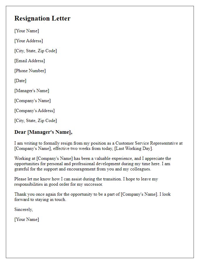 Letter template of resignation from customer service position.