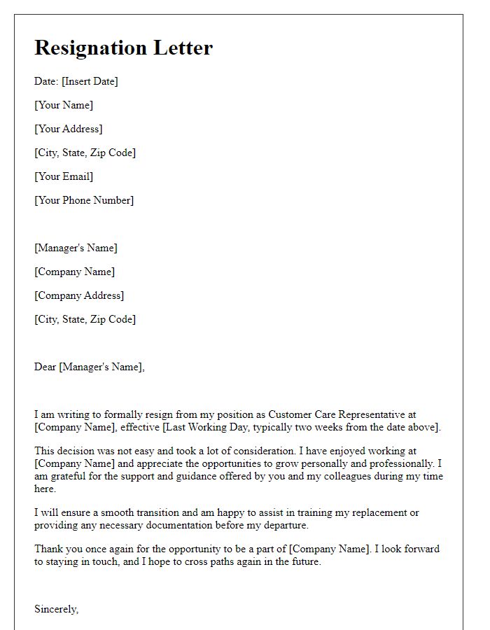 Letter template of resignation letter for customer care role.