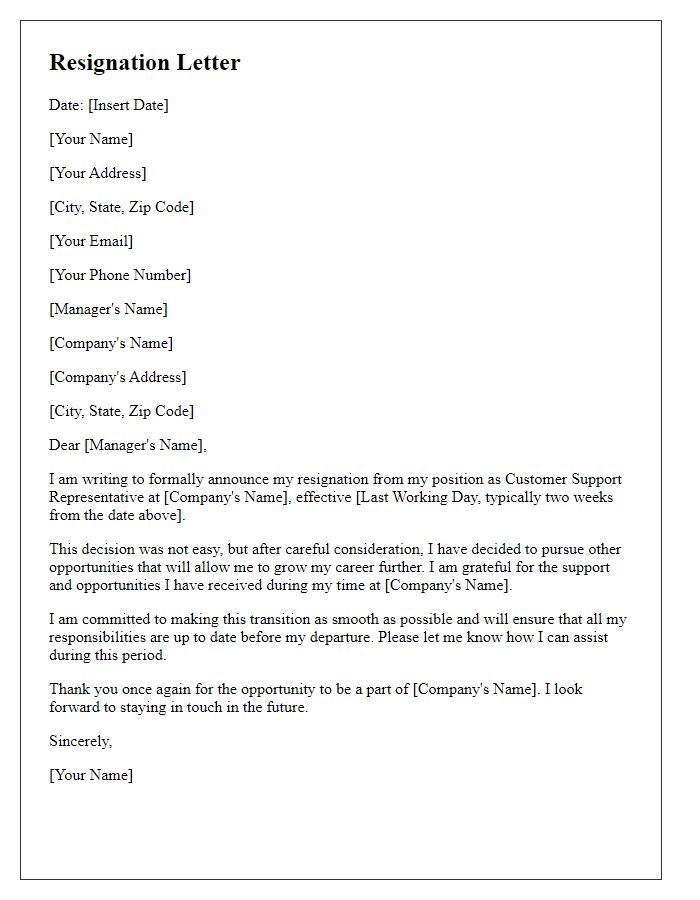 Letter template of stepping down from a customer support job.