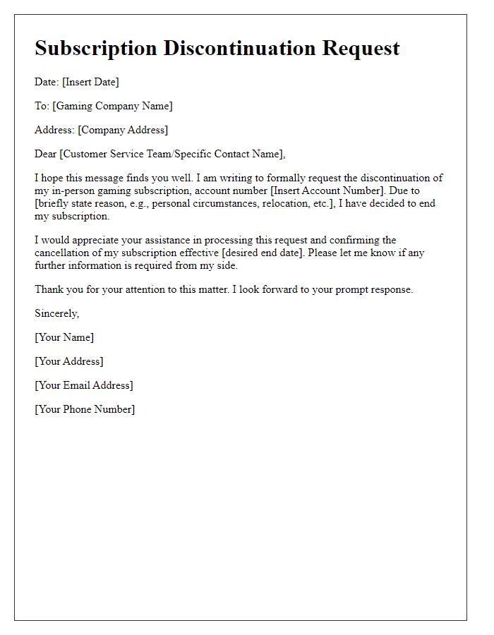 Letter template of in-person gaming subscription discontinuation