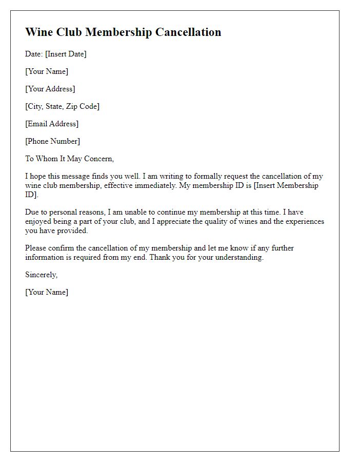 Letter template of wine club membership cancellation for personal reasons