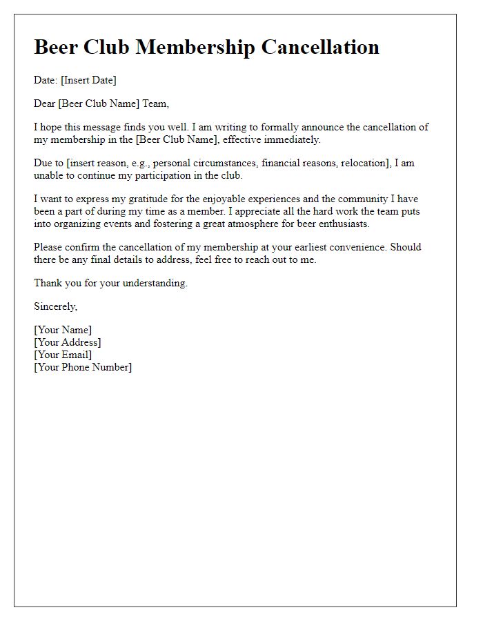 Letter template of beer club cancellation statement.