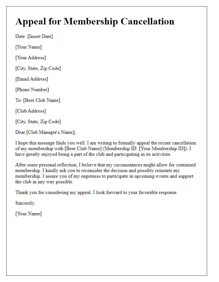 Letter template of beer club membership cancellation appeal.