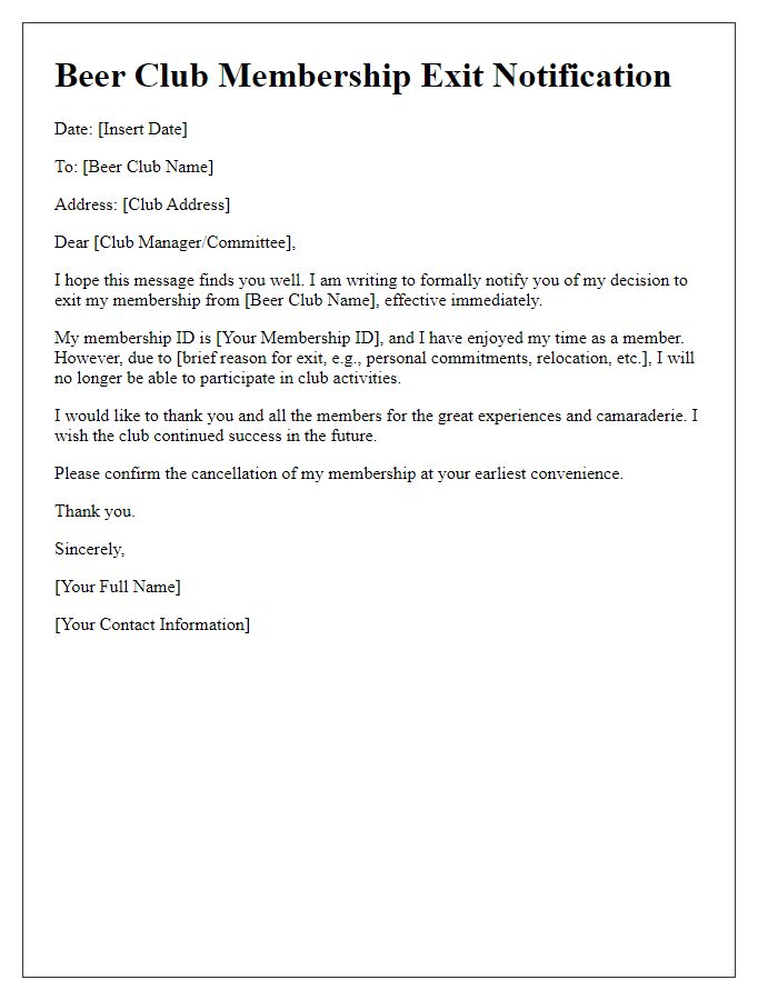 Letter template of beer club membership exit notification.