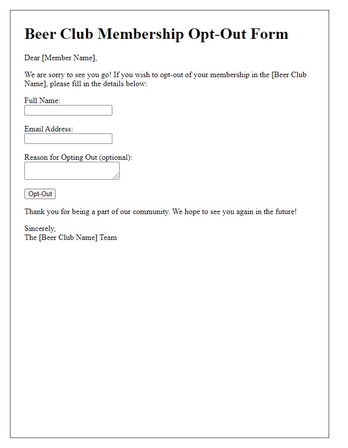 Letter template of beer club membership opt-out form.