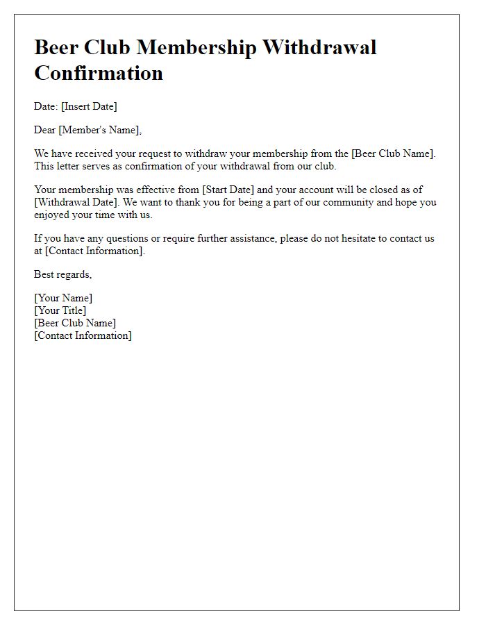 Letter template of beer club membership withdrawal confirmation.