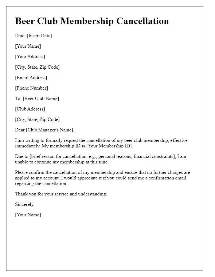 Letter template of beer club service cancellation letter.