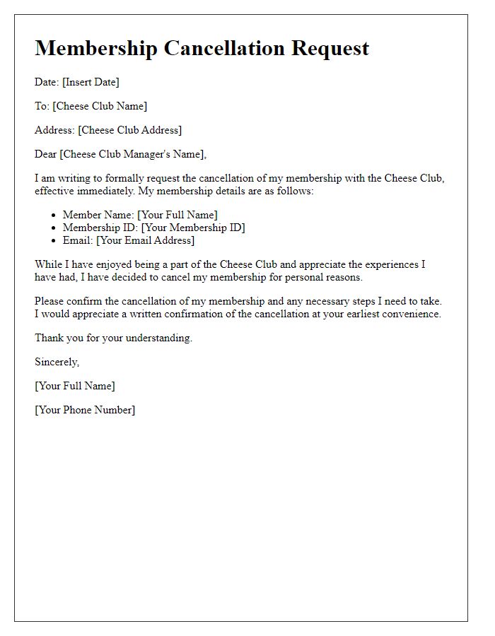 Letter template of cheese club membership cancellation request