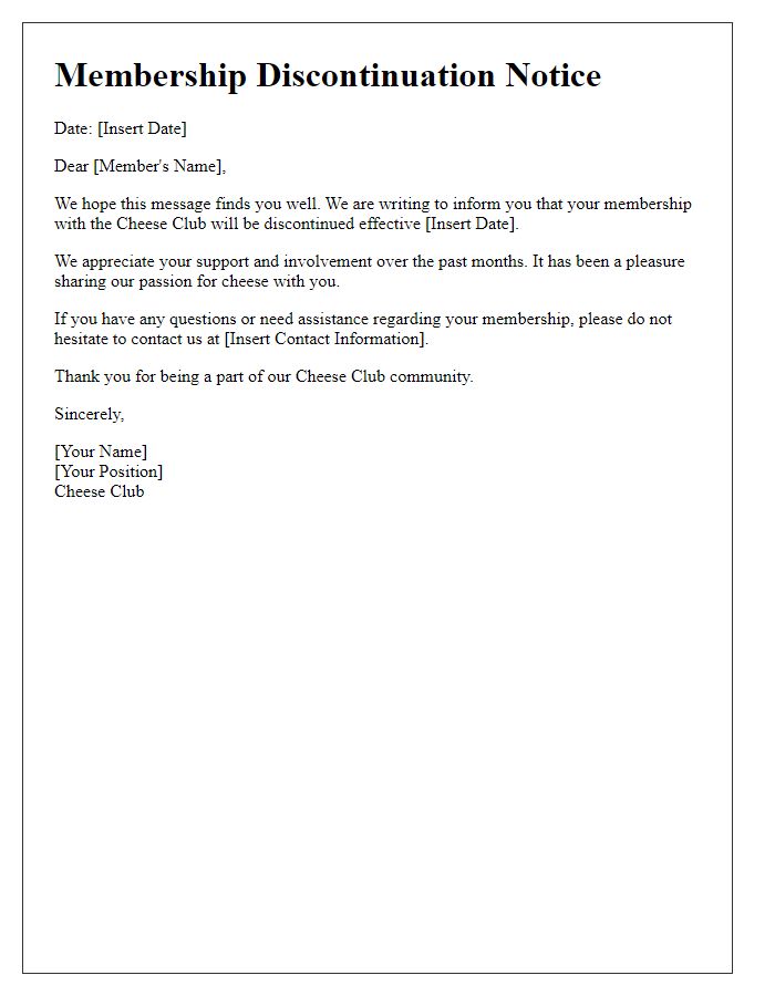 Letter template of cheese club membership discontinuation