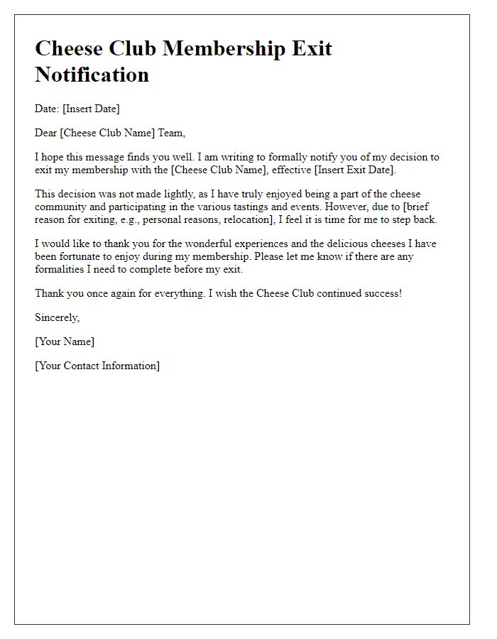 Letter template of cheese club membership exit notification