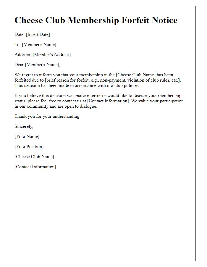 Letter template of cheese club membership forfeit