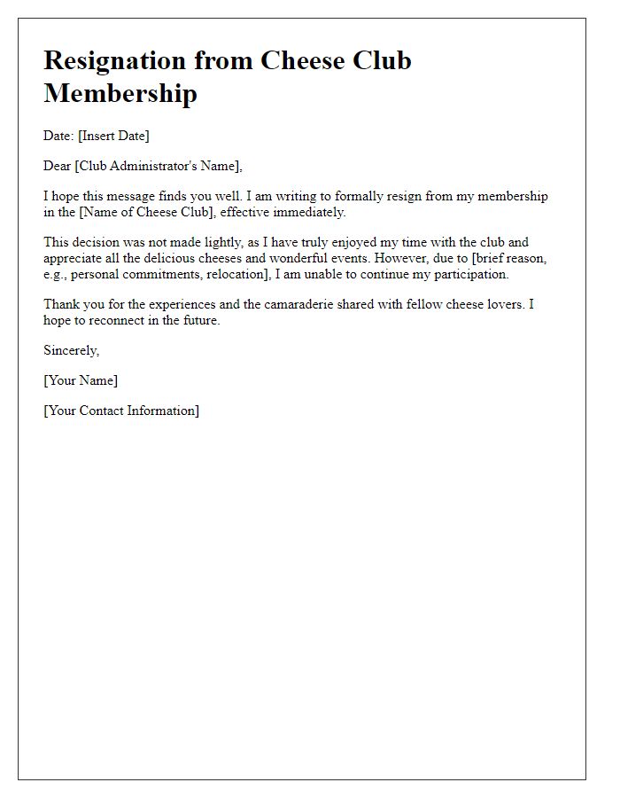 Letter template of cheese club membership resignation