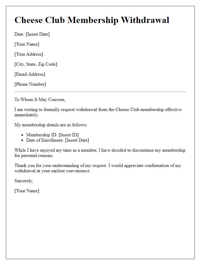 Letter template of cheese club membership withdrawal