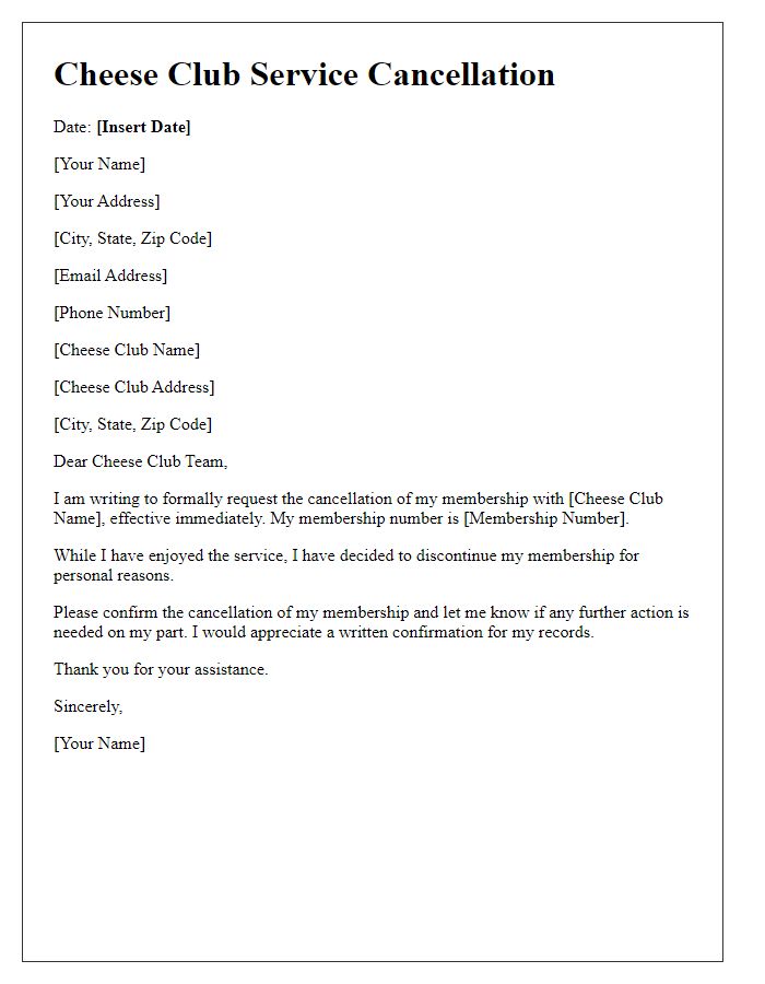 Letter template of cheese club service cancellation