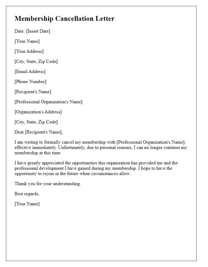 Letter template of professional organization membership cancellation due to personal reasons