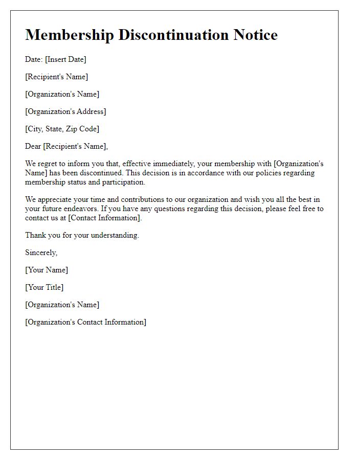 Letter template of professional organization membership discontinuation notice