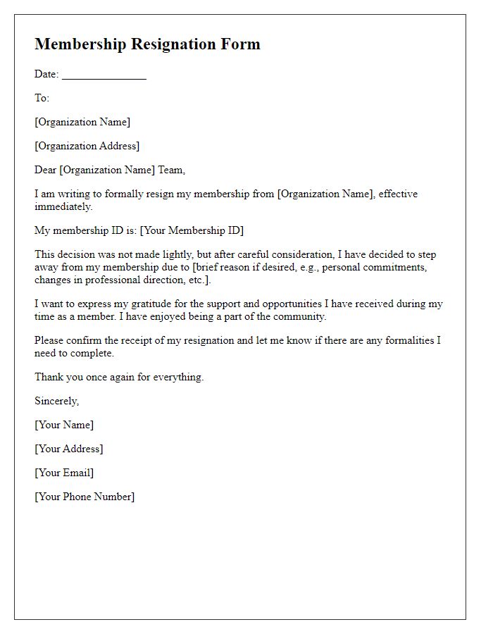 Letter template of professional organization membership resignation form