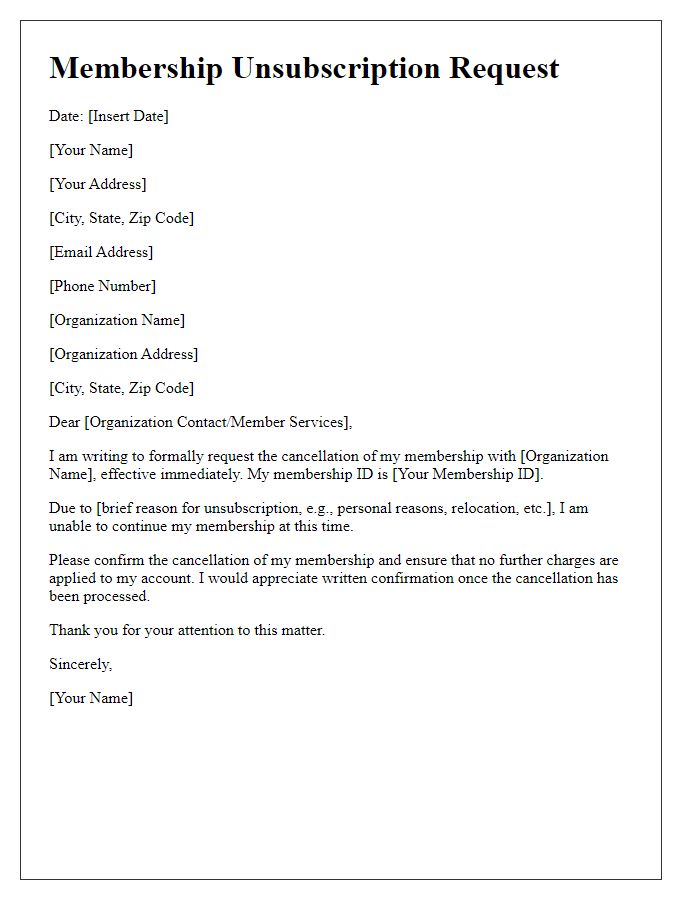 Letter template of professional organization membership unsubscription request