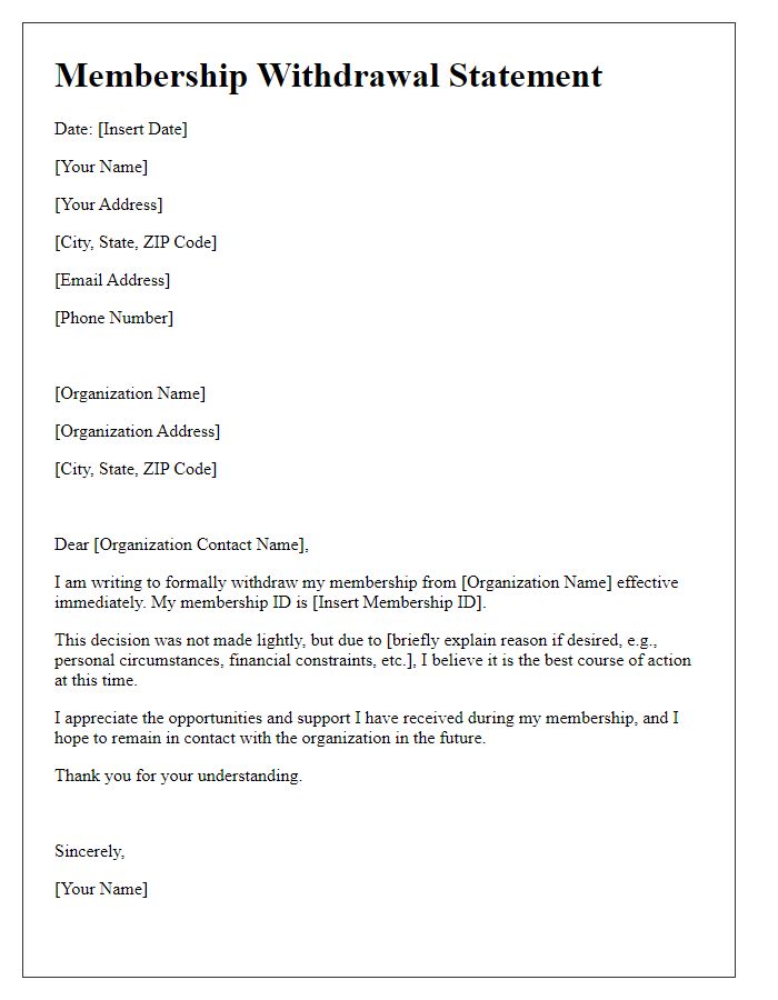 Letter template of professional organization membership withdrawal statement