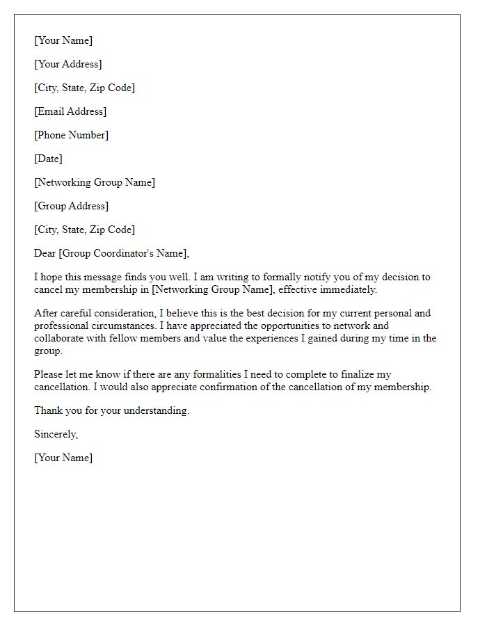 Letter template of cancellation of networking group membership.