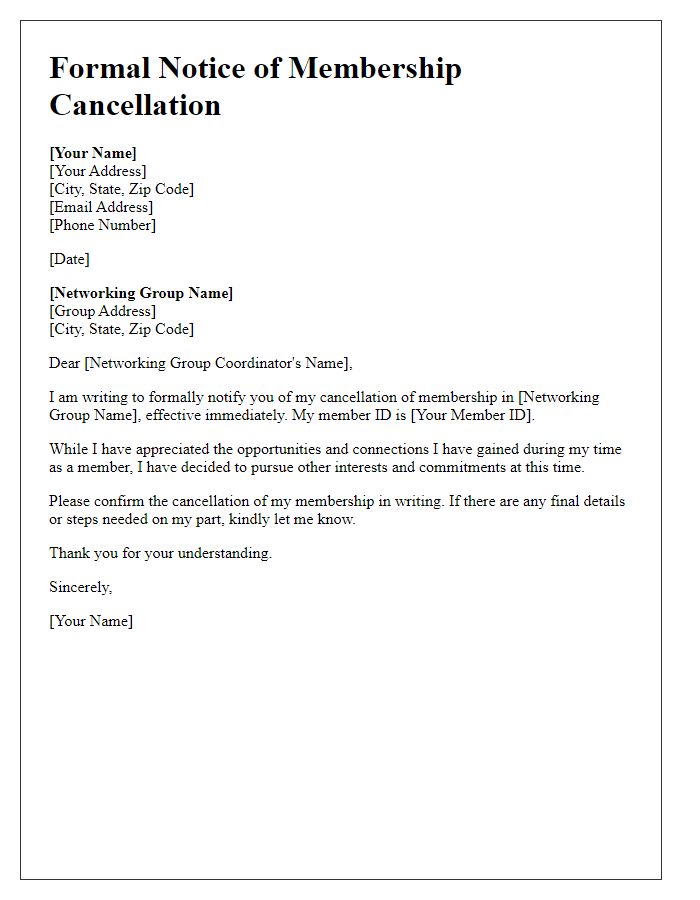 Letter template of formal notice for networking group membership cancellation.