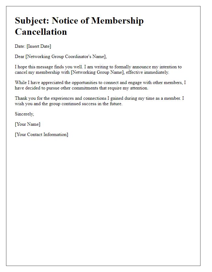 Letter template of intention to cancel networking group membership.