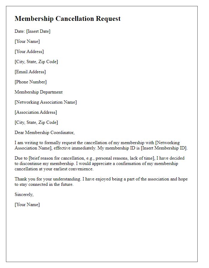 Letter template of networking association membership cancellation.