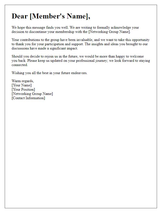 Letter template of networking group member discontinuation.