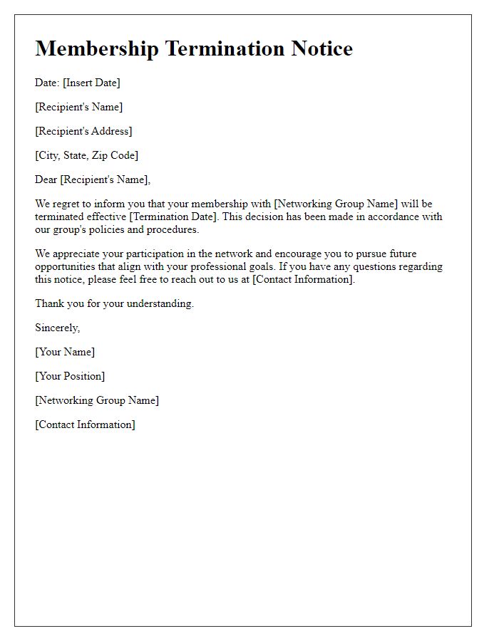 Letter template of networking group membership termination notice.