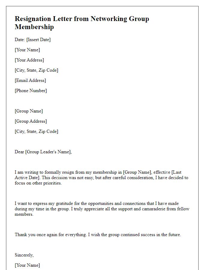 Letter template of resignation from networking group membership.