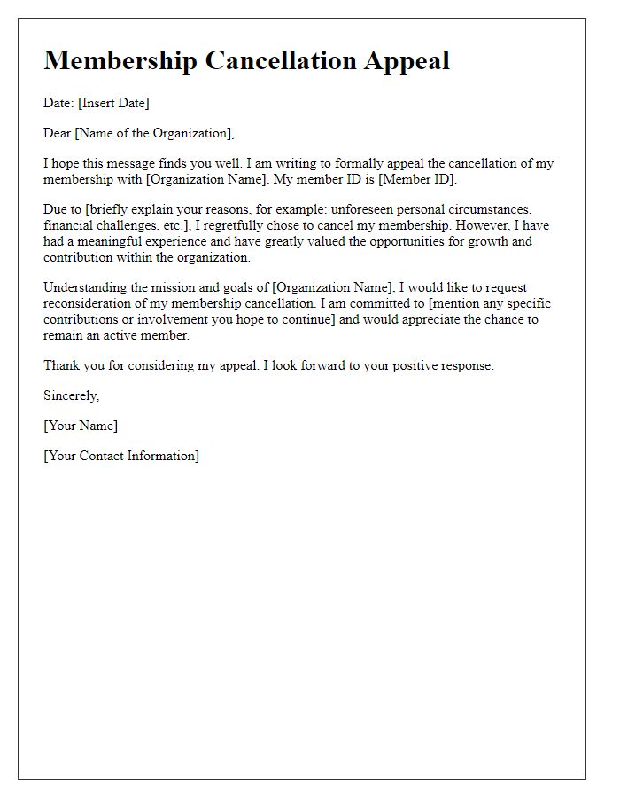 Letter template of volunteer organization membership cancellation appeal