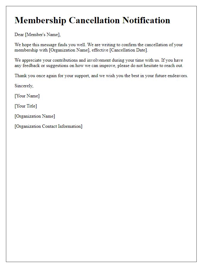 Letter template of volunteer organization membership cancellation notification