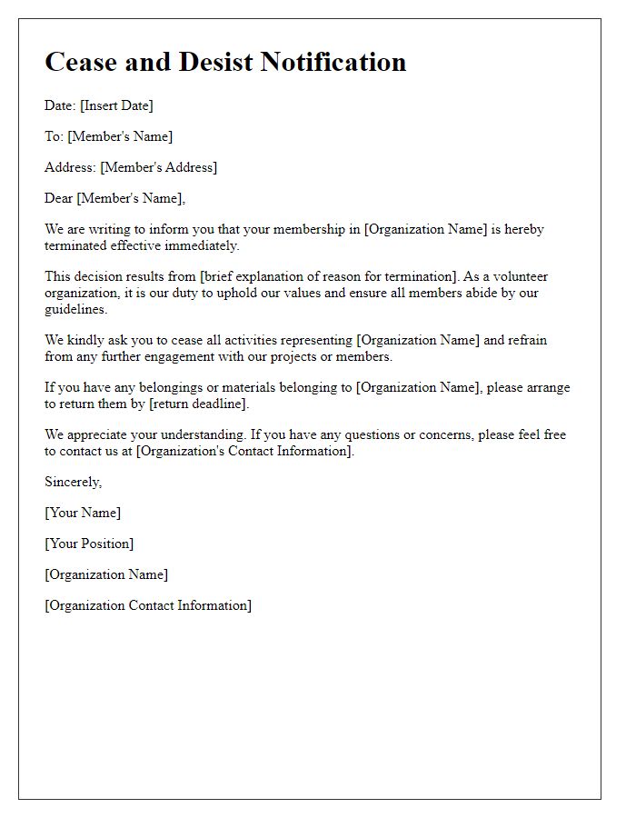 Letter template of volunteer organization membership cease and desist letter