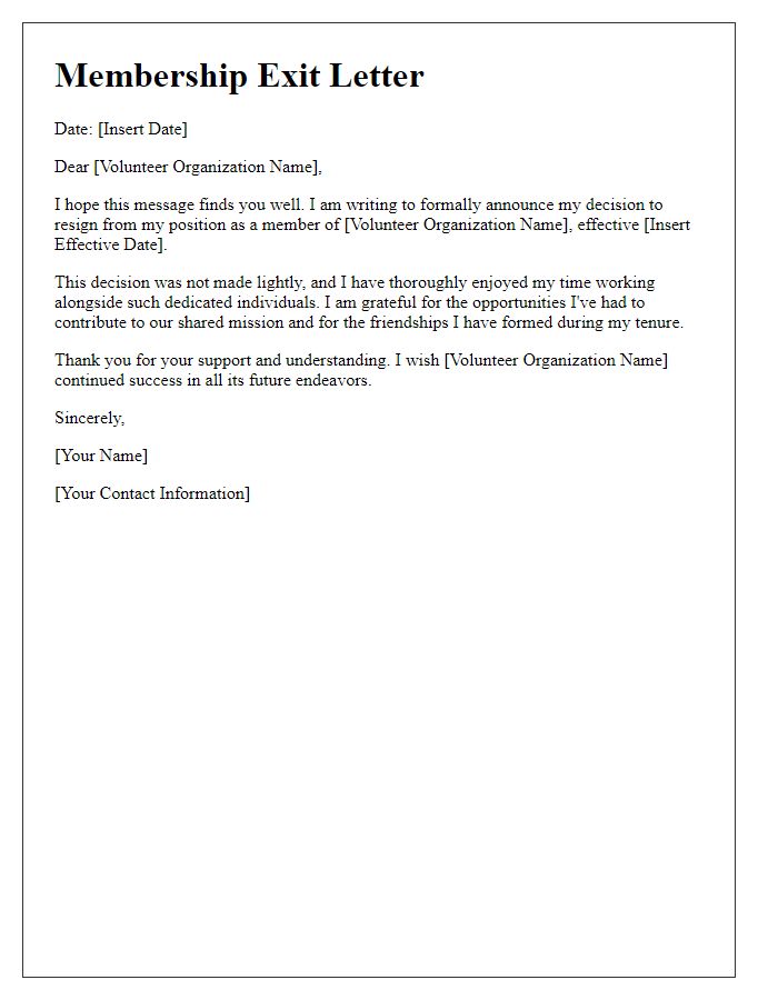 Letter template of volunteer organization membership exit letter