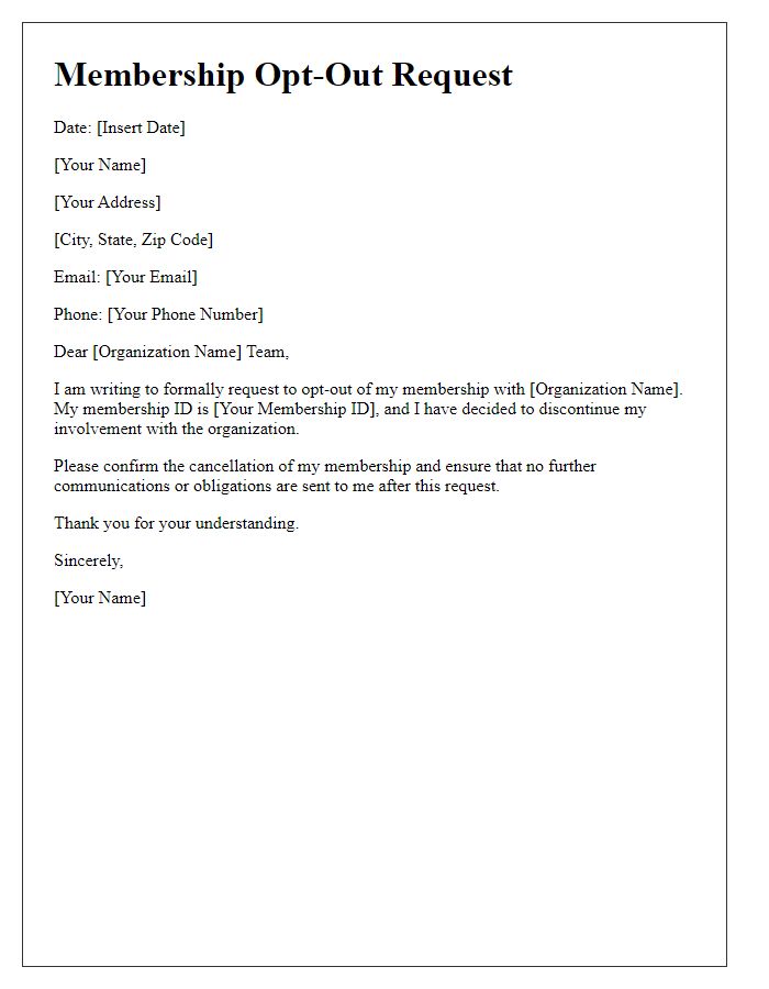 Letter template of volunteer organization membership opt-out request