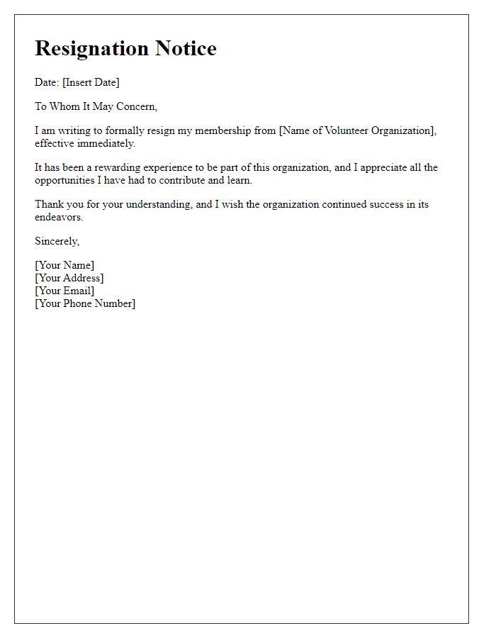 Letter template of volunteer organization membership resignation notice