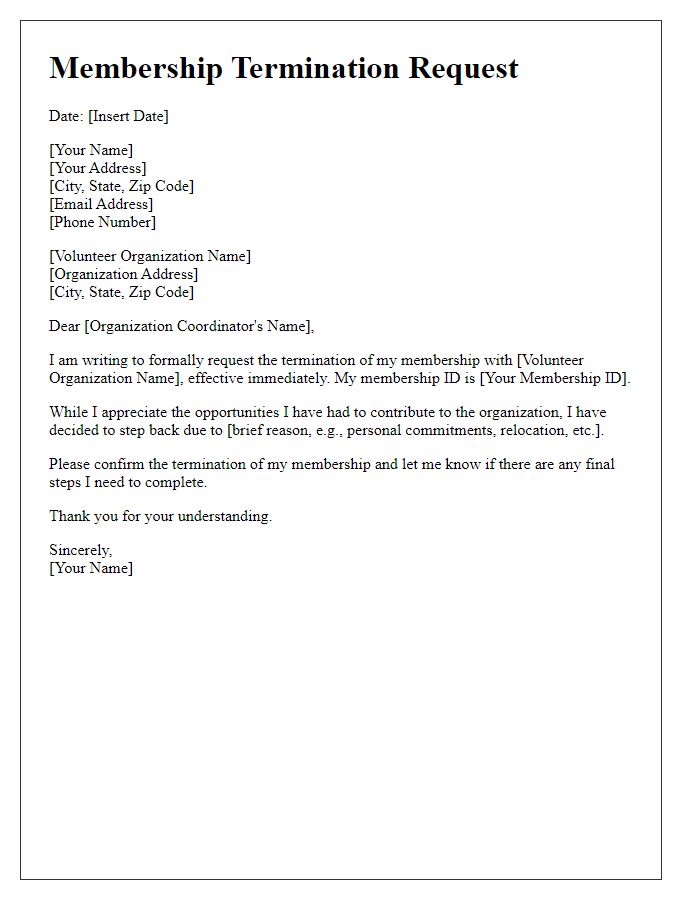 Letter template of volunteer organization membership termination request