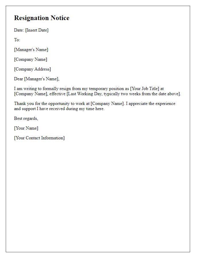 Letter template of notice for temporary employment resignation