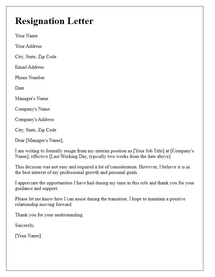 Letter template of resignation from an interim position