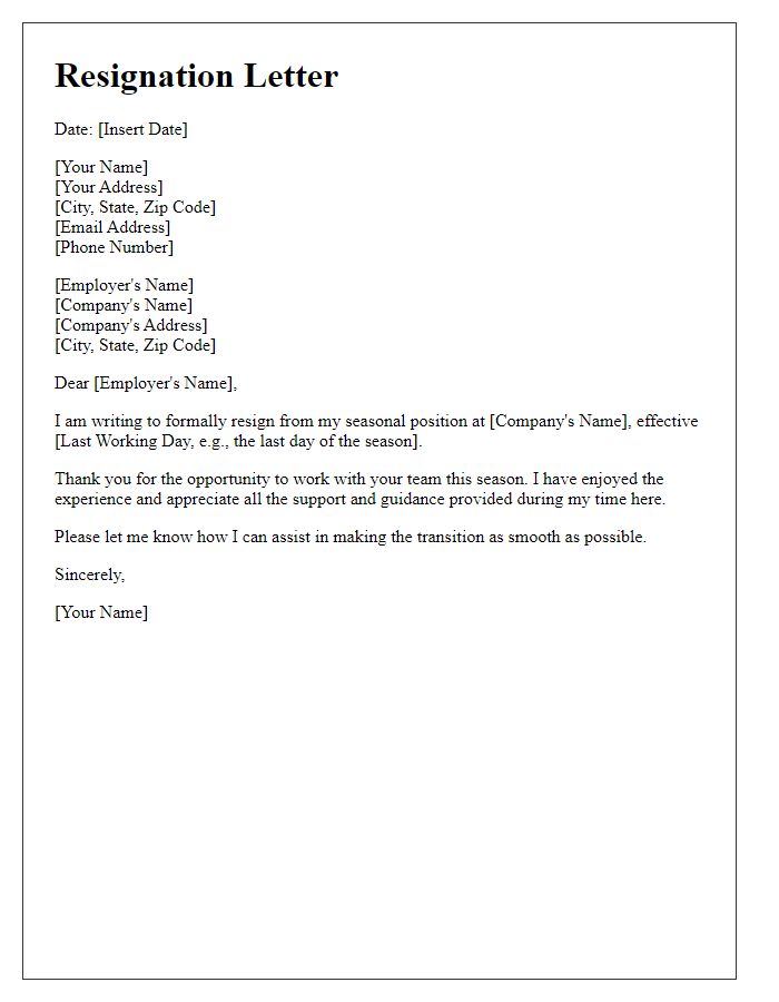 Letter template of resignation for a seasonal position