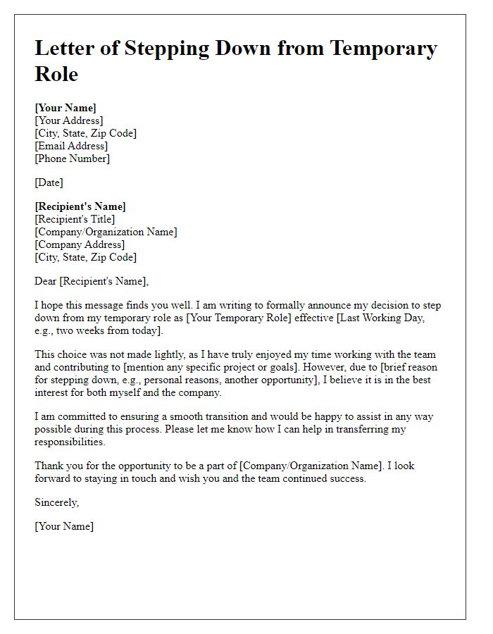 Letter template of stepping down from a temporary role