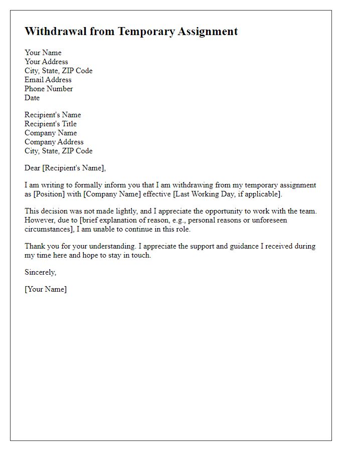 Letter template of withdrawing from a temporary assignment