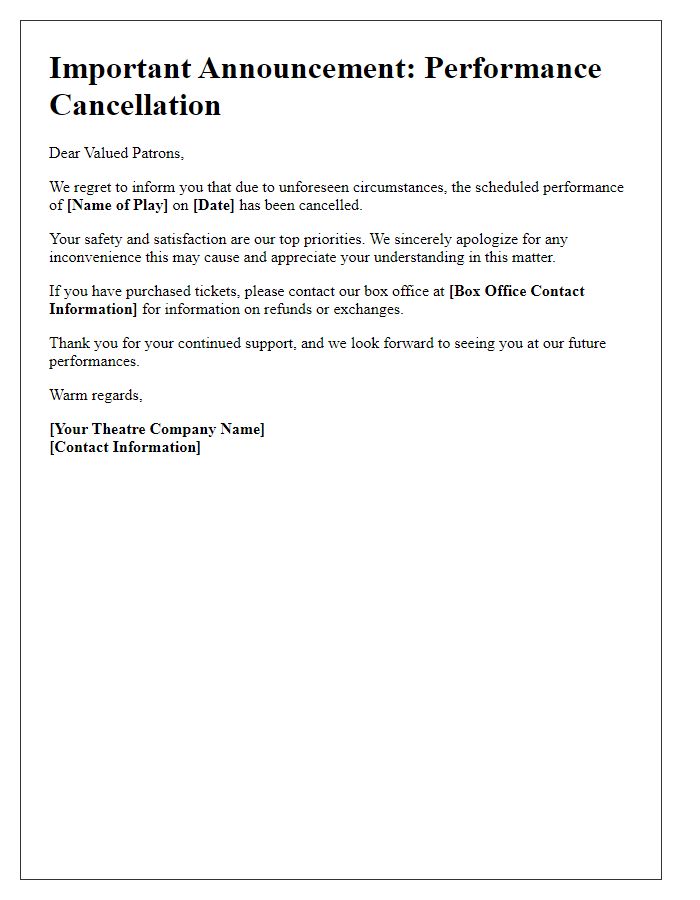 Letter template of theatrical performance cancellation announcement on social media