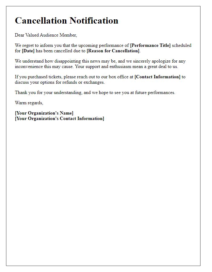 Letter template of theatrical performance cancellation notification to audience