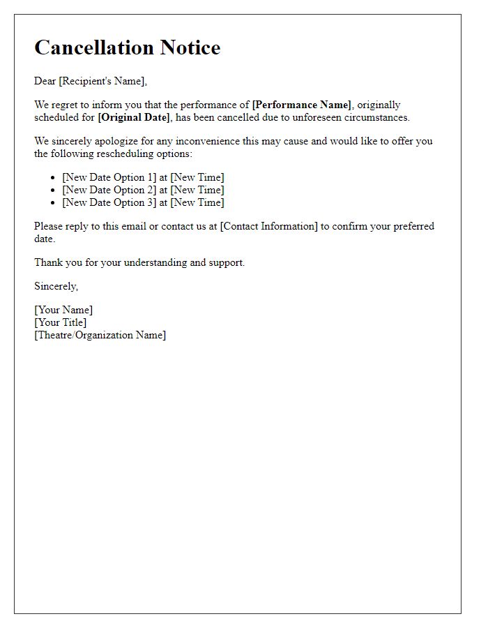 Letter template of theatrical performance cancellation with rescheduling options